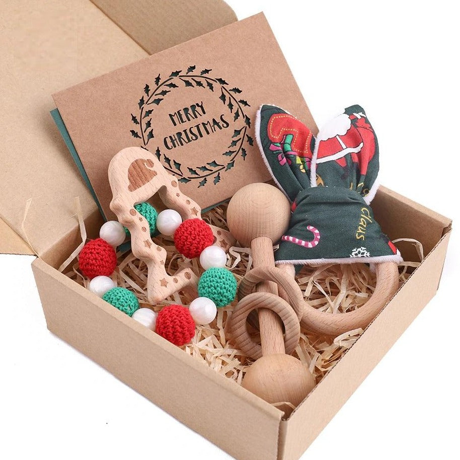 Wooden Christmas Baby Teether Rattle Set