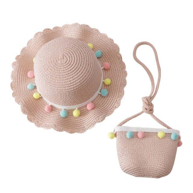 Kids Breathable Pompom Sun Hat With Bag