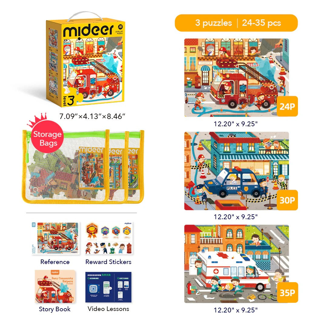 Mideer Level Up! Puzzles with Storage Bags - Level 3: Busy Community Helpers