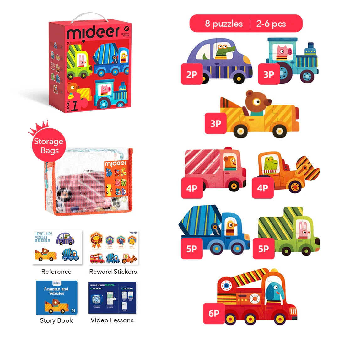 Mideer Level Up! Puzzles with Storage Bag - Level 1: Animals and Vehicles
