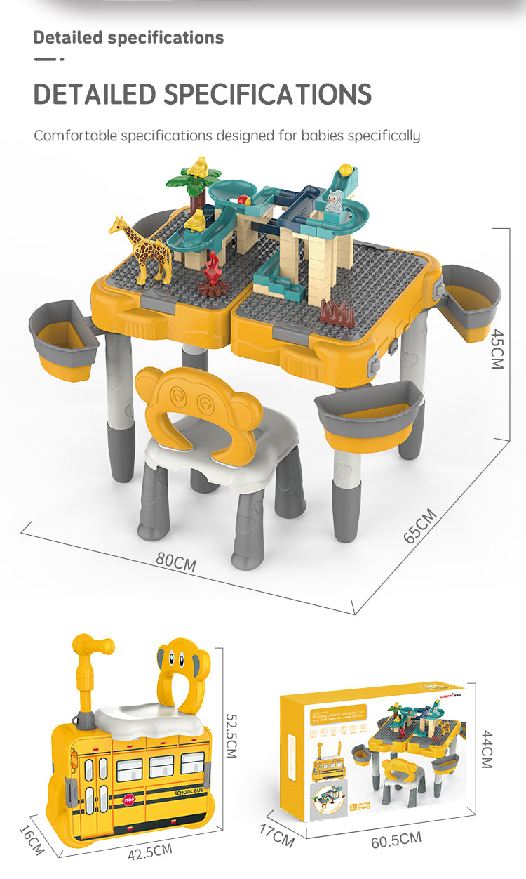 Multipurpose Rideable School Bus Play Table (168pcs blocks incl.)