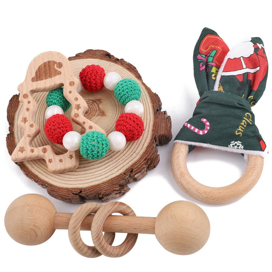 Wooden Christmas Baby Teether Rattle Set