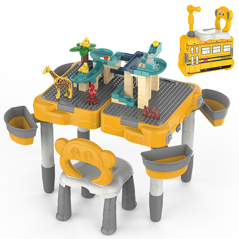 Multipurpose Rideable School Bus Play Table (168pcs blocks incl.)