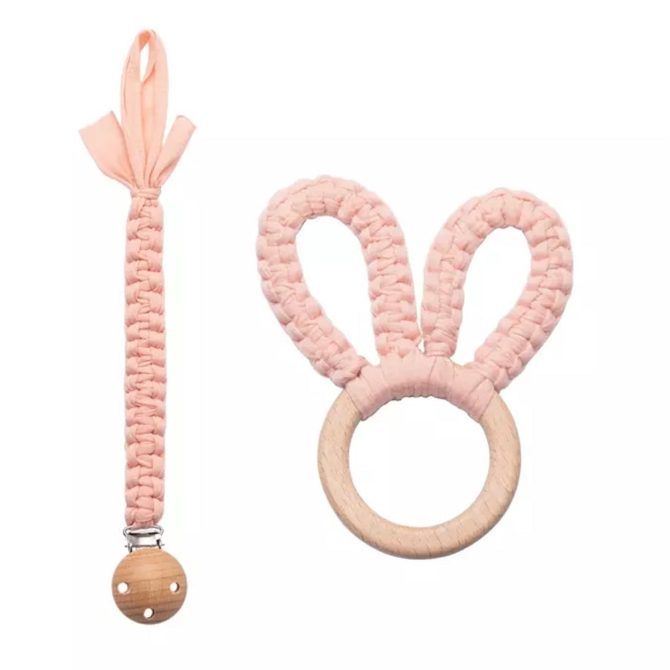 Wooden Dummy Clip Teether Set - Bunny