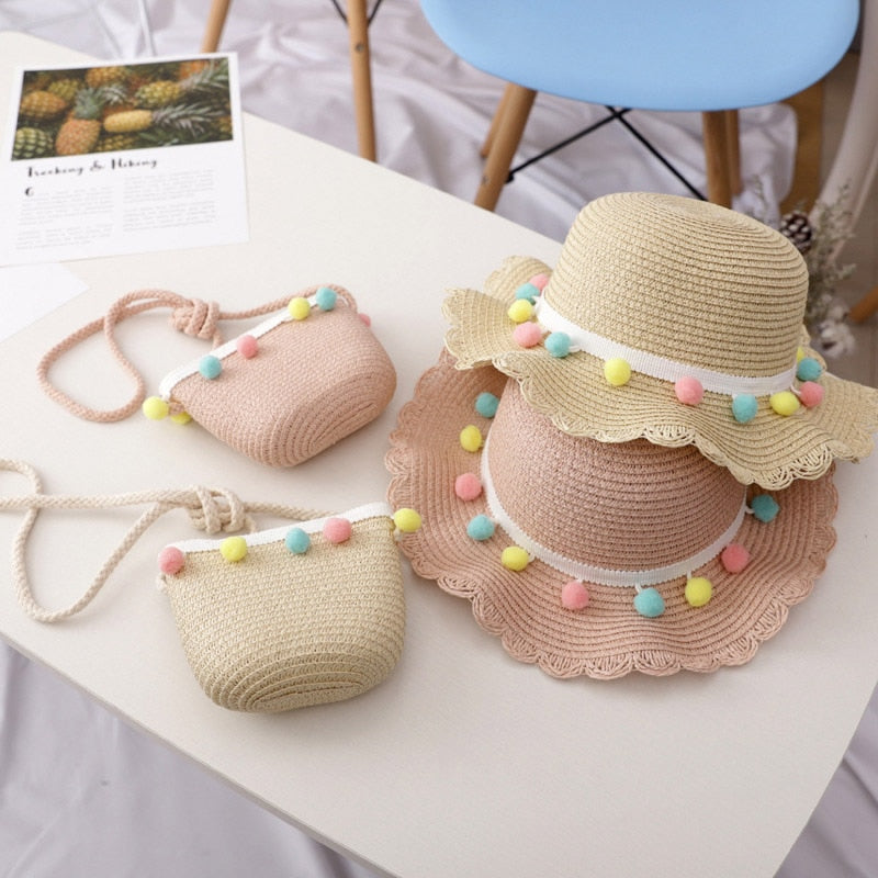 Kids Breathable Pompom Sun Hat With Bag