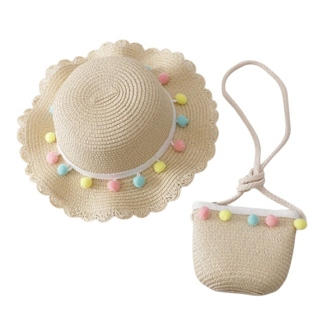 Kids Breathable Pompom Sun Hat With Bag